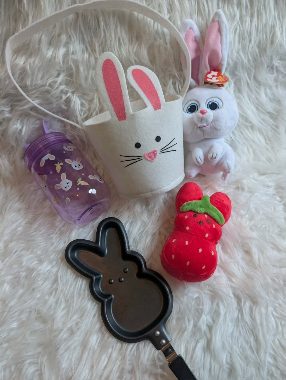 Easter Bundle Ty White Bunny Plush with Pink-Eared Felt Basket & Red Strawberry